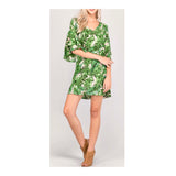 Blush Pink & Green Palm Leaf Tiered Bell Sleeve Shift Dress