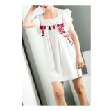 White Floral Embroidered Short Sleeve Shift Dress with Tassel & Gold Charm Appliqués