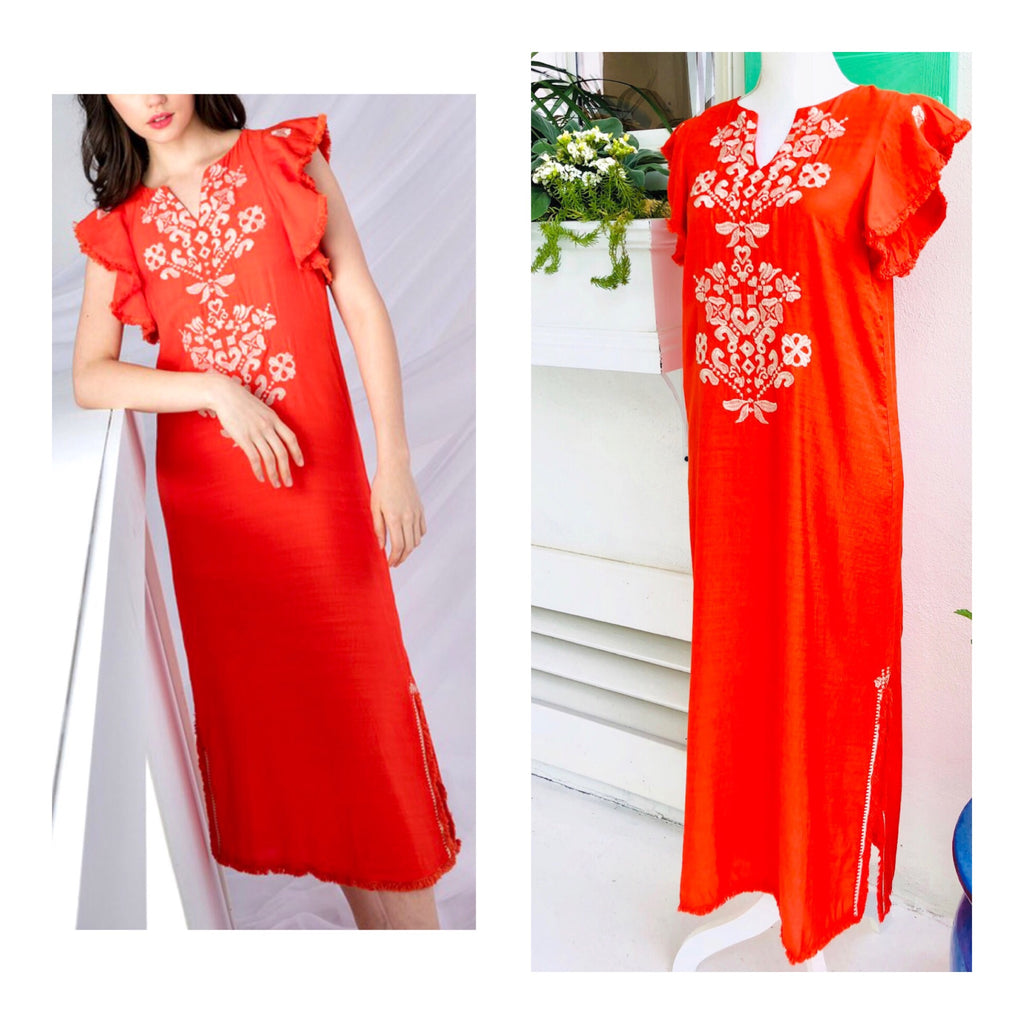 Brightest Coral Orange Embroidered Flutter Sleeve Midi Dress with
