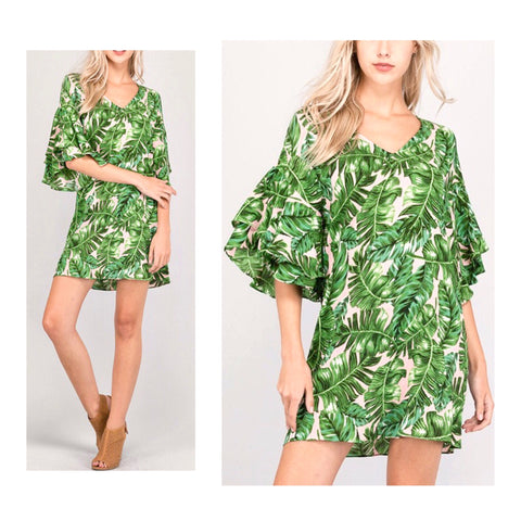 Blush Pink & Green Palm Leaf Tiered Bell Sleeve Shift Dress