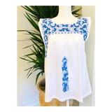 White & Cerulean Blue Embroidered Textile Top