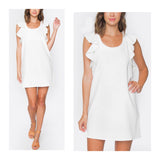 White Ruffle Sleeve Scoop Neck Shift Dress with Exposed Back Zipper