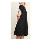 Black Embroidered Shift Dress with Scalloped Sleeves & POCKETS