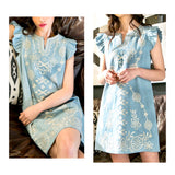 Light Blue Embroidered Shift Dress with Flutter Sleeves