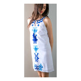 Lightest Blue & White Pinstripe Halter Dress with Cerulean Blue & Turquoise Embroidery & Tassel Ties