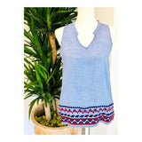 Blue V-Neck Sleeveless Top with Orange & Navy Wave EMBROIDERY