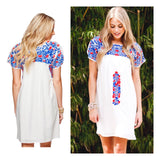 Red White & Blue Embroidered Textile Short Sleeve Dress