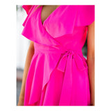 Fuchsia Layered Ruffle Cape Tie Waist Romper with Open Back & A-Line Fit