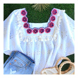 Off White Textured Eyelet Top with Magenta Scalloped Embroidery