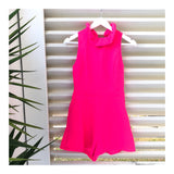 Hot Pink Ruffle Neck Romper with Bow Back & POCKETS