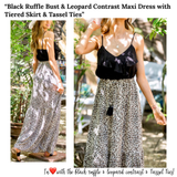 Black Ruffle Bust & Leopard Contrast Maxi Dress with Tiered Skirt & Tassel Ties