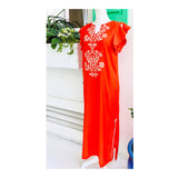 Brightest Coral Orange Embroidered Flutter Sleeve Midi Dress with Fringe Hem & Side Slits