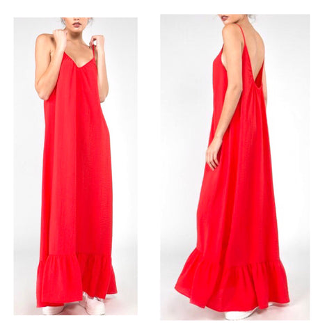 Poppy Red Textured Maxi Dress with Ruffle Hem & Open Back