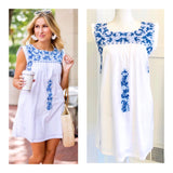 White & Cerulean Blue Embroidered Textile Dress with POCKETS