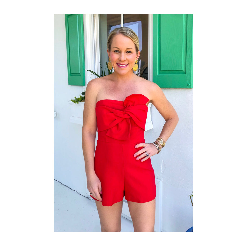 Pre-Order 6/10** Presley Bow Front Mini Bandeau Romper- Red