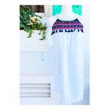 White Seersucker Stripe Halter Dress with Pink & Blue Embroidery & Tassels