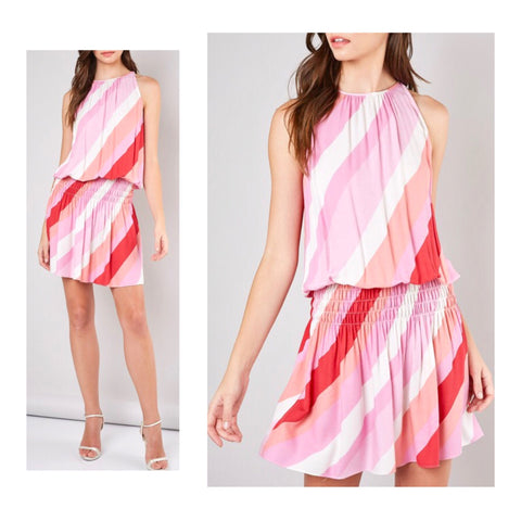 Pink & Coral Stripe Smocked Drop Waist Halter Dress