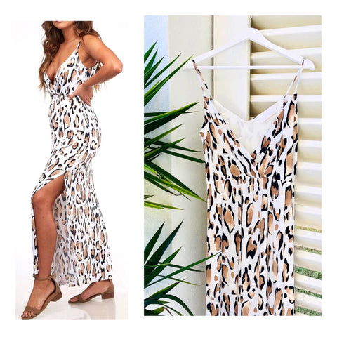 White Caramel Black Leopard Print Maxi Dress