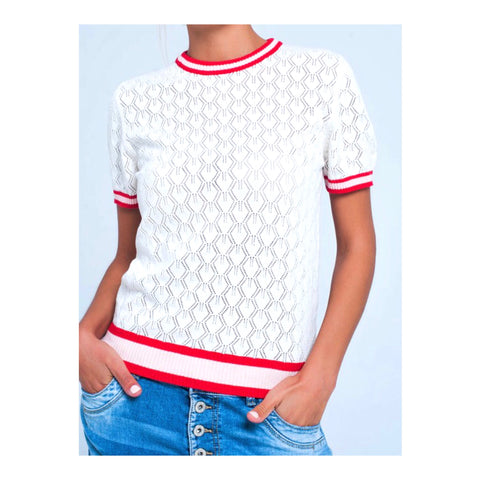White Open Knit Short Sleeve Sweater with PINK & RED Banded Trim
