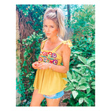 Yellow Pinstripe Floral EMBROIDERED Tie Shoulder Peplum Top