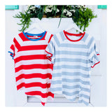 Red White Stripe & Blue Contrast Flutter Bell Sleeve Top with Optional Tie