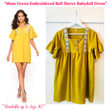 Moss Green Embroidered Bell Sleeve Babydoll Dress