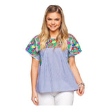 Blue & White Pinstripe Multicolor Embroidered Textile Short Sleeve Top