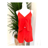 Embroidered Bright Coral & Orange Scalloped Hem A-Line Linen Shorts (matching top sold separately)