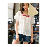 Off White Textured Eyelet Top with Magenta Scalloped Embroidery