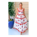 White Red Orange Pink & Blue Embroidered Tiered Maxi Dress with Tassels