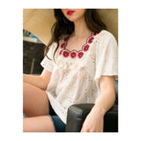 Off White Textured Eyelet Top with Magenta Scalloped Embroidery