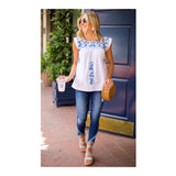 White & Cerulean Blue Embroidered Textile Top