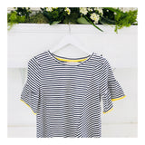Navy White Stripe Bell Sleeve Knotted Hem Top with Yellow Trim