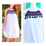 White Seersucker Stripe Halter Dress with Pink & Blue Embroidery & Tassels