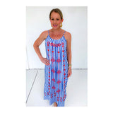 Blue Stripe Maxi Dress with Poppy Red EMBROIDERY