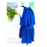 Royal Blue Smocked Drop Waist Halter Dress with Side Lace Up Tassel Tie