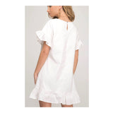 White Textured Short Sleeve Ruffle Hem Dress with Keyhole Back
