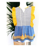 Blue Yellow Embroidered Contrast Stripe Ruffle Sleeve Babydoll Top with Tassel Ties