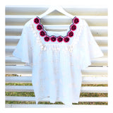 Off White Textured Eyelet Top with Magenta Scalloped Embroidery