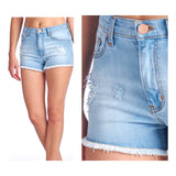 Light Wash Distressed Front High Rise Denim Shorts with Copper Hardware