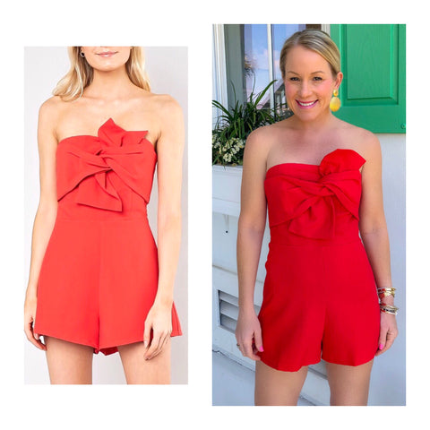 Poppy Red Bow Front Romper with Banded Waist & Peekaboo Back