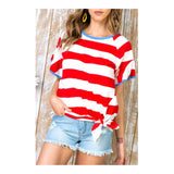 Red White Stripe & Blue Contrast Flutter Bell Sleeve Top with Optional Tie