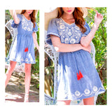 Blue Embroidered Knit Dress with RicRac Trim Sleeves & Bright Coral Tassel Tie Belt