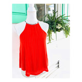 Tomato Red & METALLIC GOLD Pinstripe Halter Top with Open Ruffle Back
