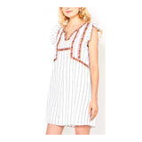 White Pinstripe Flutter Sleeve Dress with Multicolor EMBROIDERY