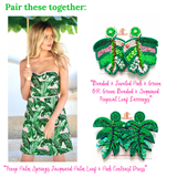 Green Beaded & Sequined Tropical Leaf Earrings