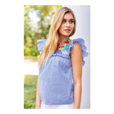 Blue White Pinstripe & Multicolor Embroidered Textile Flutter Sleeve Top with Keyhole Back