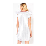 White Pinstripe Flutter Sleeve Dress with Multicolor EMBROIDERY