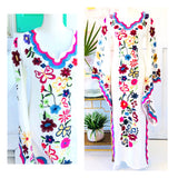 White Embroidered Kimono Sleeve Kaftan Dress with Scalloped Neckline & Side Slits (non sheer)