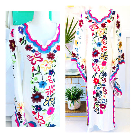 White Embroidered Kimono Sleeve Kaftan Dress with Scalloped Neckline & Side Slits (non sheer)